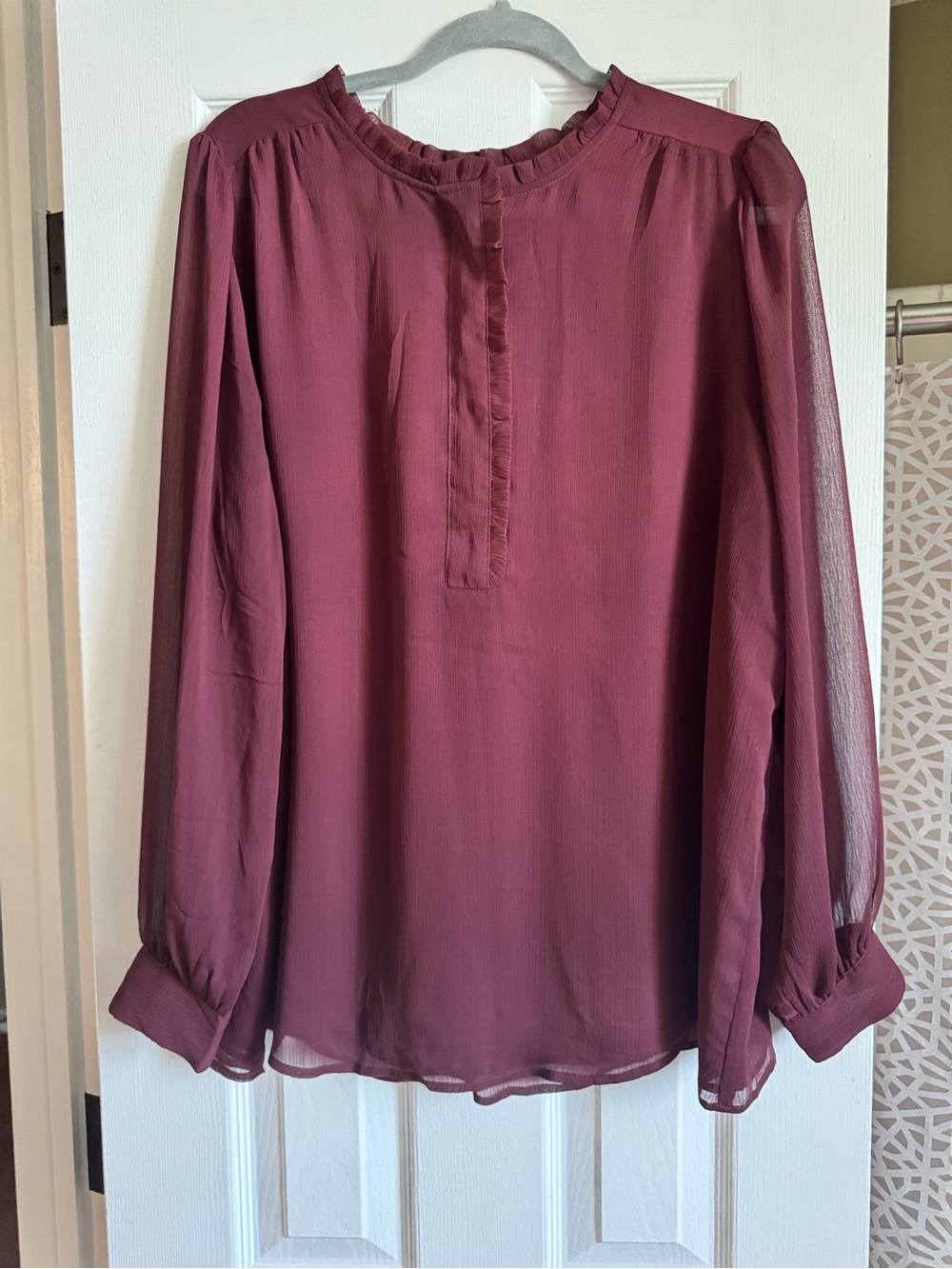 Lane Bryant Burgundy Sheer Long-Sleeve Ruffle-Neck Blouse
